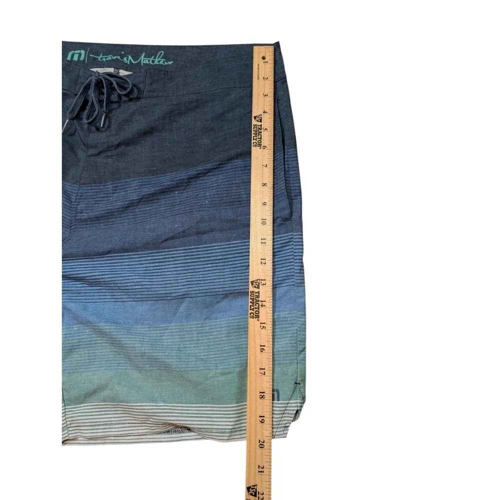 Travis Mathew Mens Striped Board Shorts Blue Green White Size 38 Swim Trunks